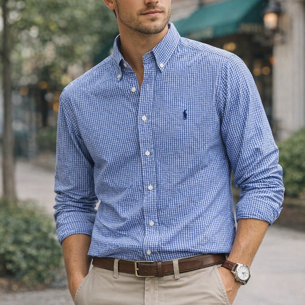 Ralph Lauren Classic Fit Gingham Button Down Shirt Blue Sz. 32/33 Y2K Preppy